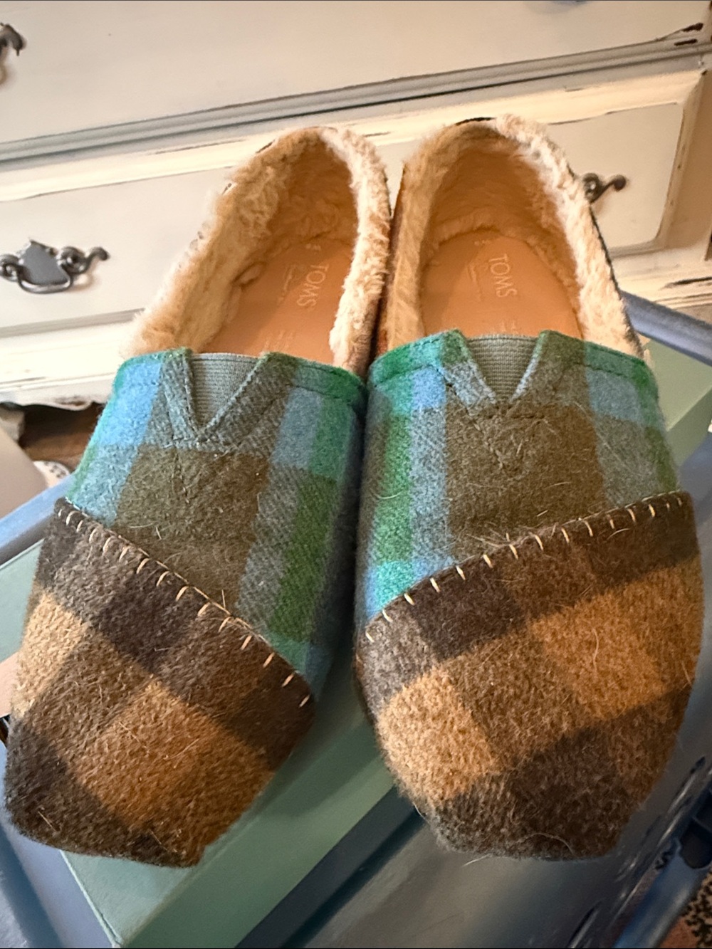 TOMS Alpargata Plaid Wool Slip-Ons in Green & Brown with Faux Shearling Lining